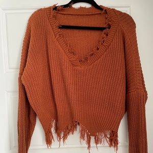 Burnt Orange Fall V Neck Distressed Sweater- Medium